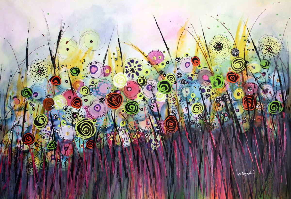 Expressive Botanical Acrylic Painting By Cecilia Frigati, 55 X 39, Happy Days #1, Original Artwork
