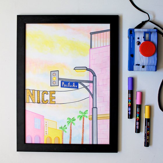 Venice Beach Street Corner - Painting on Unframed A3 Paper