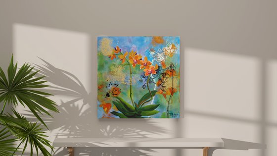 Yellow orchids on abstract background