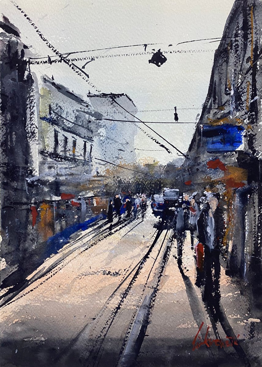 Impressionistic Cityscapes Watercolour By Tihomir Cirkvencic, 10 X 14", City Scene, Original Artwork