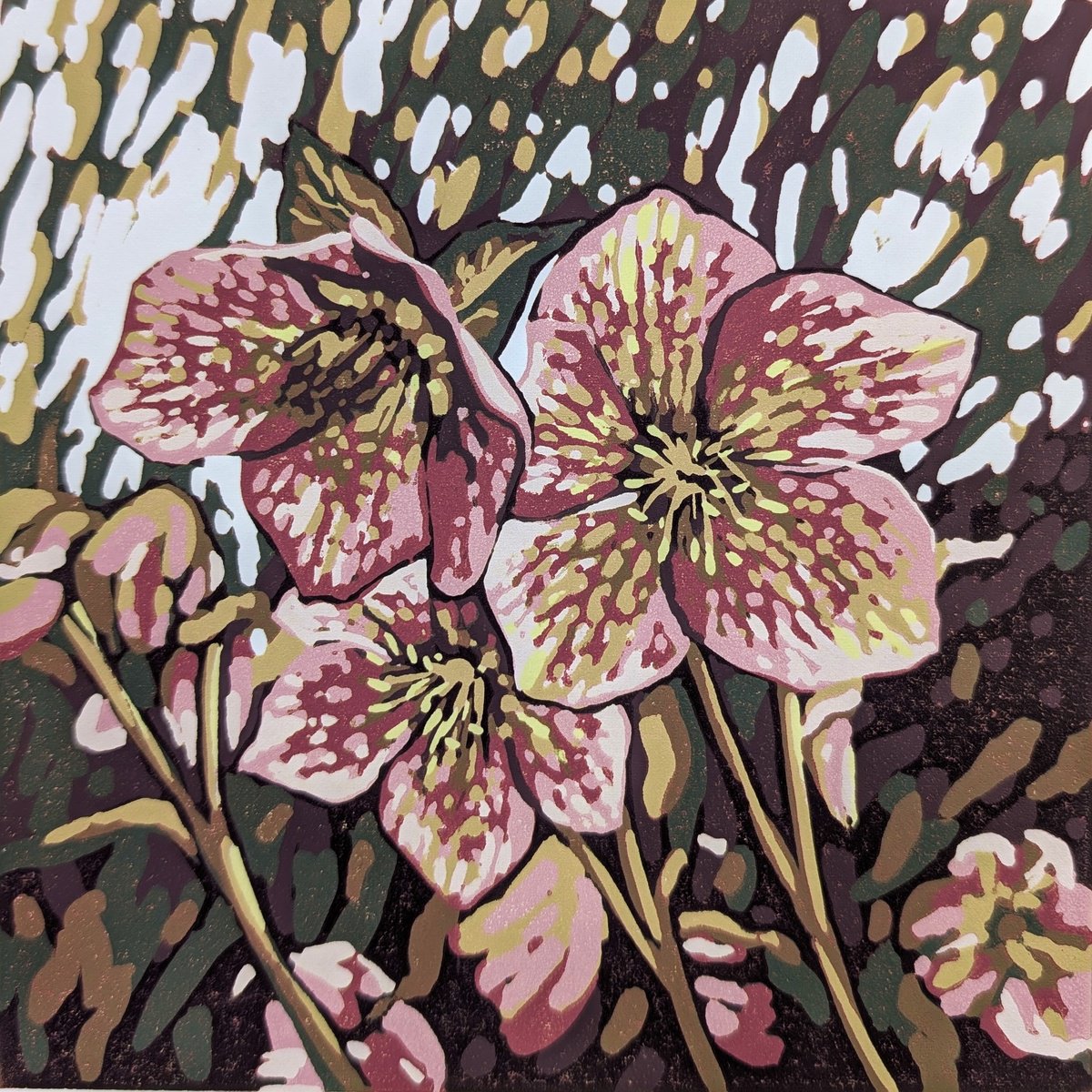 Impressionistic Botanical Linocut By Alexandra Buckle, 8 X 8, Hellebore Light, Original Artwork