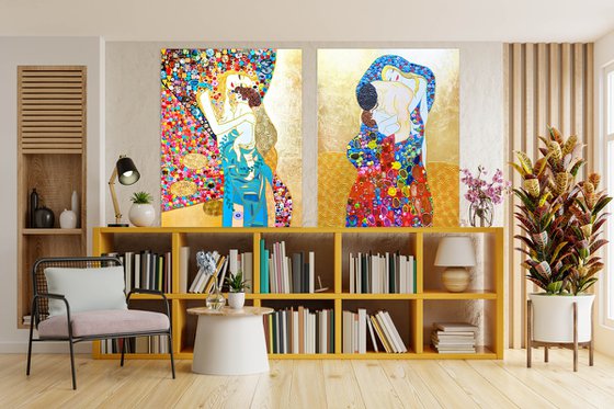 Painting Set of 2 LARGE GEMSTONES mosaic wall art Gustav Klimt Mother and Child & Family