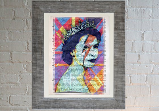 Queen Elizabeth II - Ziggy Stardust Makeup - Pop Art Collage Art on Large Real English Dictionary Vintage Book Page