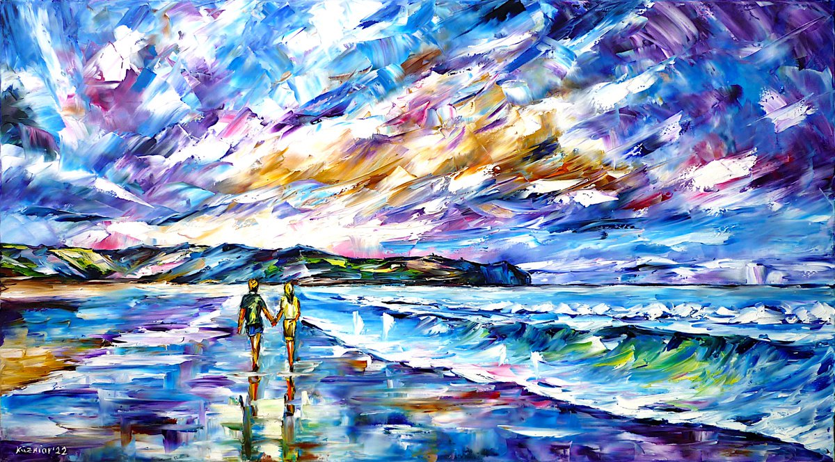 Expressive Landscape Oil Painting By Mirek Kuzniar, 35 X 20", Beach Walk, Original Artwork