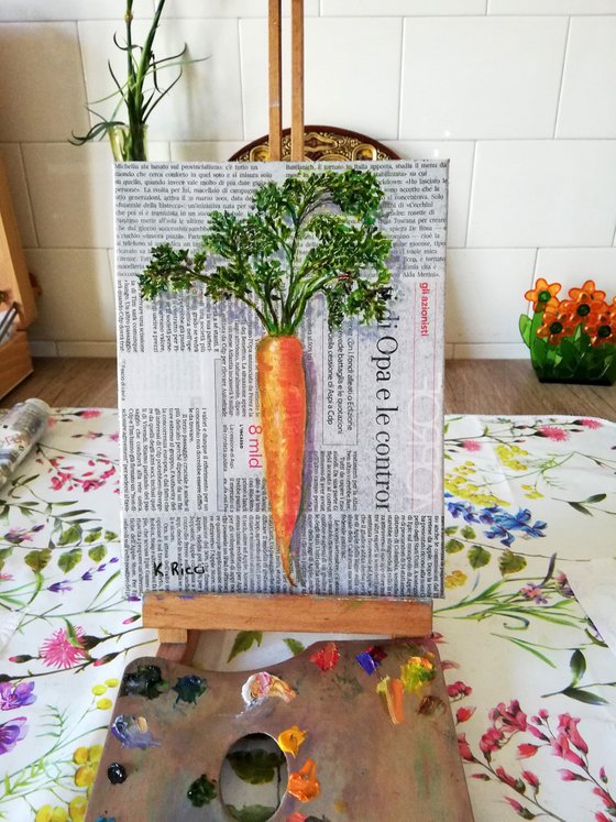 "A Carrot on Newspaper" Original Oil on Canvas Board Painting 7 by 10 inches (18x24 cm)