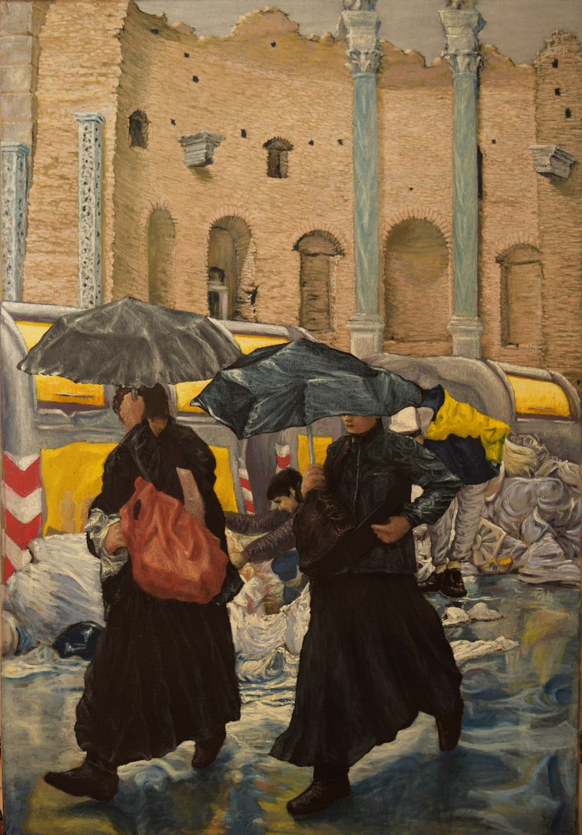 Cityscapes Oil Painting By Antonio Mele, 27 X 39, Work On A Street In Leptis Magna., Original Artwork