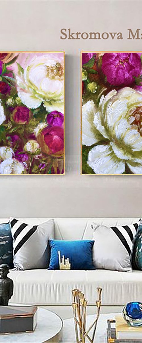 AMARANTH SET - Peonies. Pink. Floral. White peonies. Cerise. Magnificent. Petals. Fuchsia. Softness. by Marina Skromova