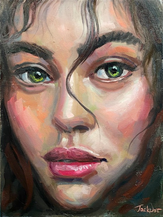 Woman face portrait oil painting artwork original wall art above sofa art by Evgeny JackPot