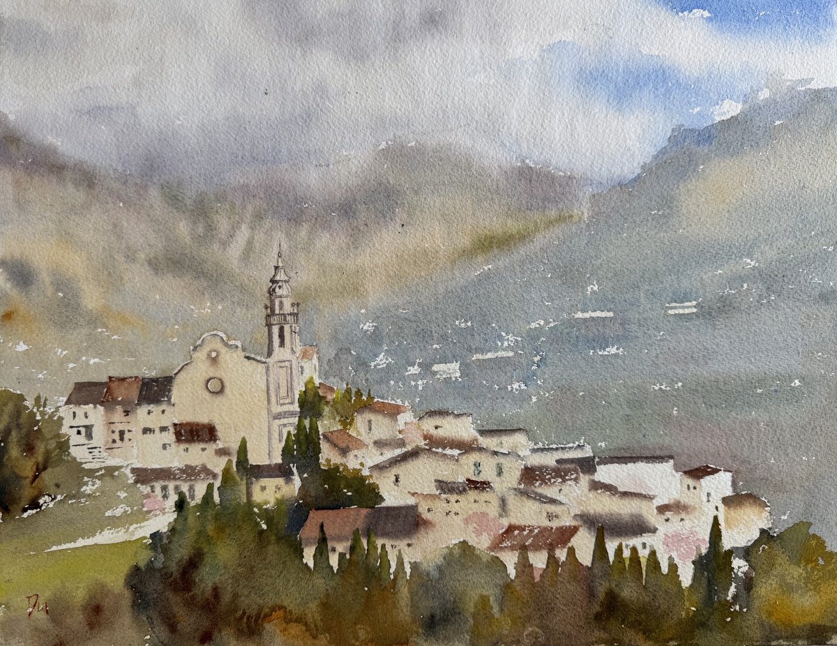 Impressionistic Landscape Watercolour By Shelly Du, 16 X 12", Mallorca - Valldemossa, Original Artwork