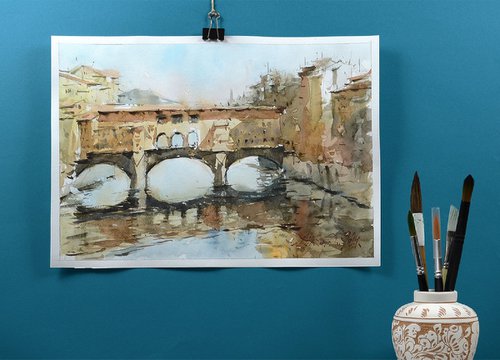Florence Ponte Vecchio Landscape Watercolor by Marin Victor