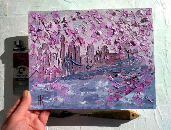 NYC Spring Painting Cityscape Original Art New York Small Oil Artwork Impasto Palette Knife Wall Art 10 by 8" by Halyna Kirichenko