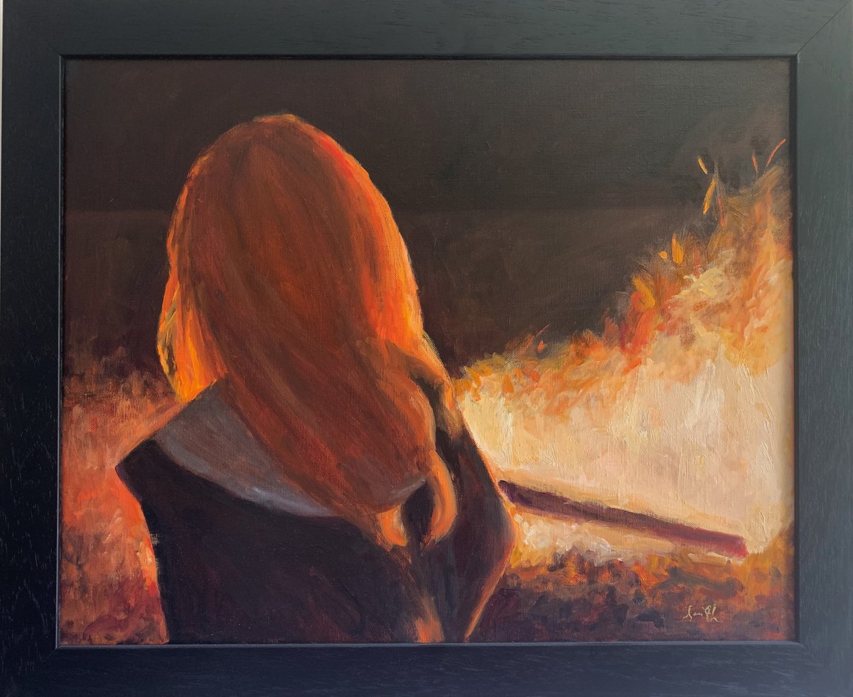 Autumnal Bonfire-Impressionist beach figure oil painting. 40x50cm framed ready to hang. by Jackie Smith