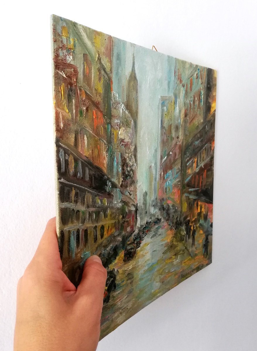 Impressionistic Cityscapes Oil Painting By Katia Ricci, 12 X 12", Rain In The City, Original Artwork