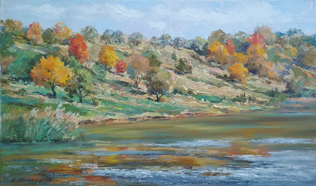 Fall Slope Near A Pond By Olha Malko, 20 X 12, Artwork For Sale On Artfinder