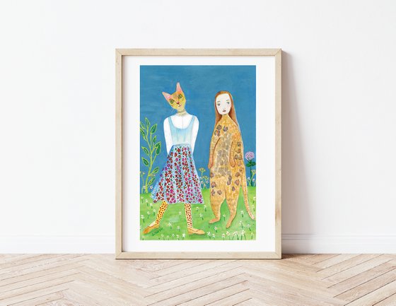 The Girl and the Cat - Quirky Funny Artwork