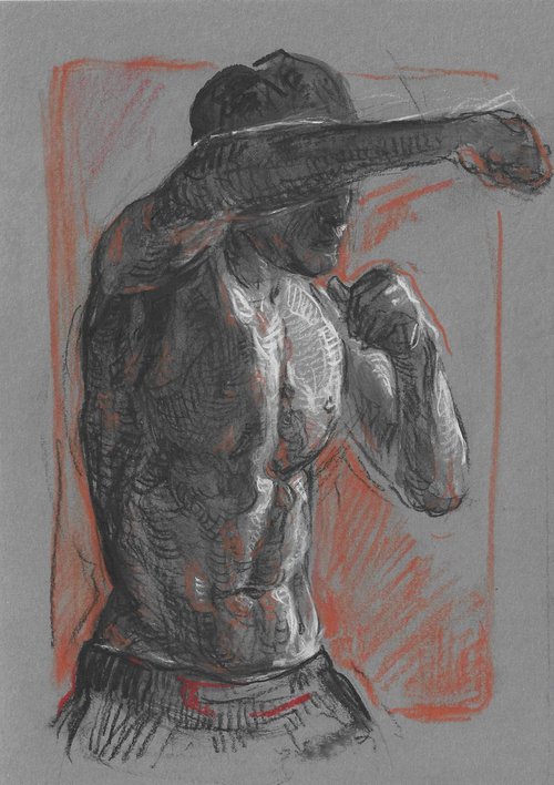 Black, gray and orange boxing man drawing by Katarzyna Gagol