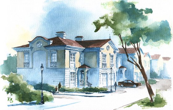 "Morning in a cottage town" architectural sketch in watercolor realism street