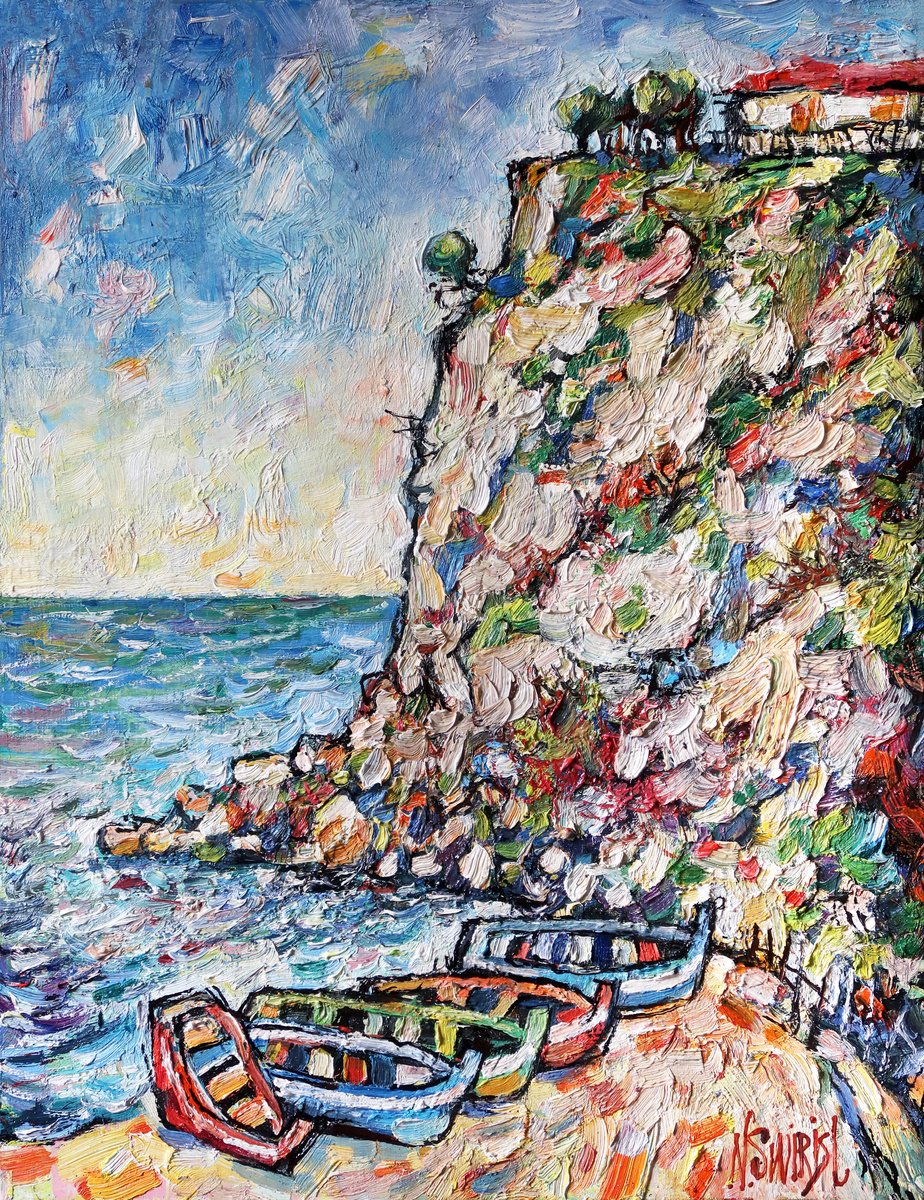 Impressionistic Landscape Oil Painting By Nikifor Swiristuhin, 14 X 18", The Bay At Noon. Spain., Original Artwork