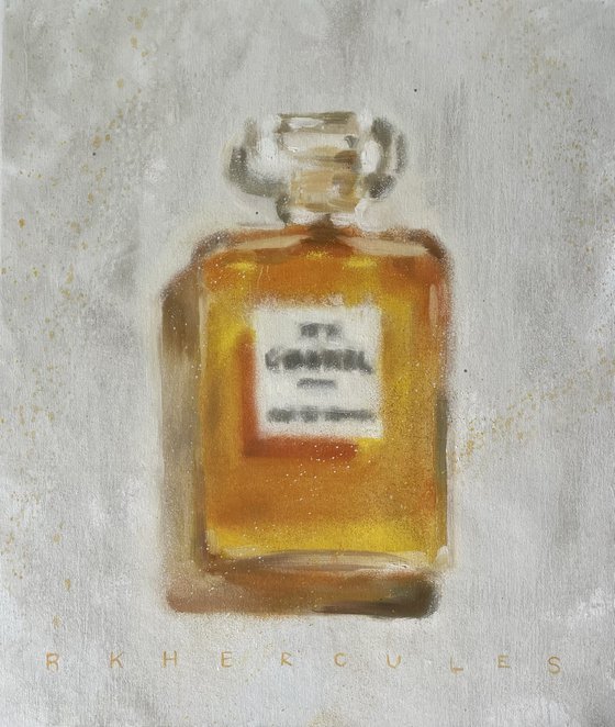 Perfume bottle yellow painting in oil on canvas unstretched painting white grey bright background painted with splashes and abstract techniques chique luxurious classy perfume scent coco no5