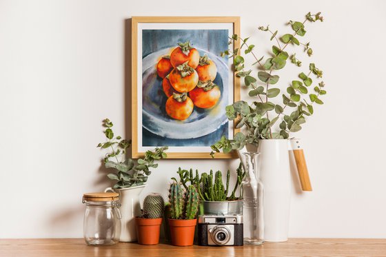 Still life with persimmons on plate