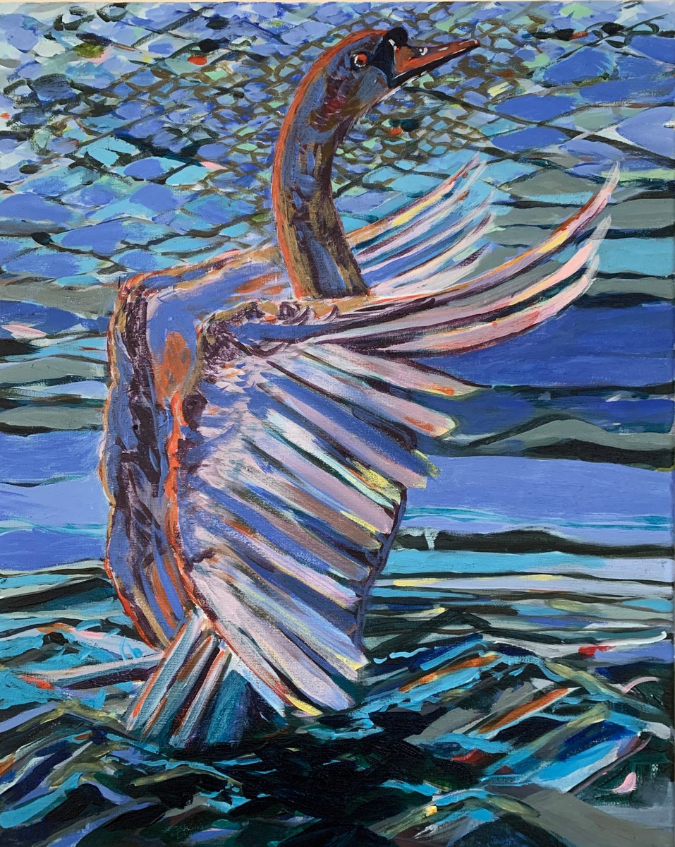 Impressionistic Animal Acrylic Painting By Hanna Bell, 16 X 20, Swan At Sunset, Original Artwork