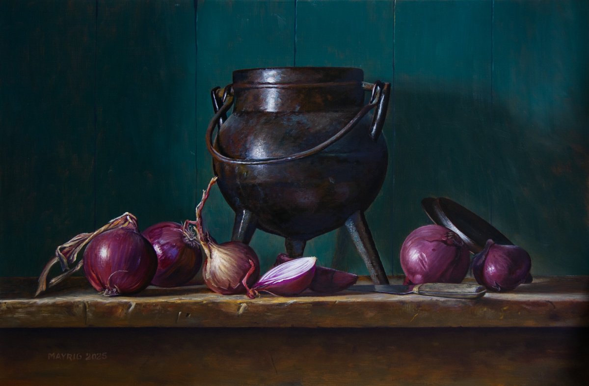 Photorealistic Still Life Oil Painting By Mayrig Simonjan, 24 X 16", Onion Stew, Original Artwork