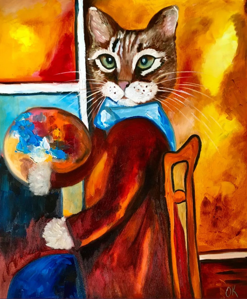 Impressionistic Animal Oil Painting By Olga Koval, 20 X 24", Cat Artist Modigliani, Original Artwork