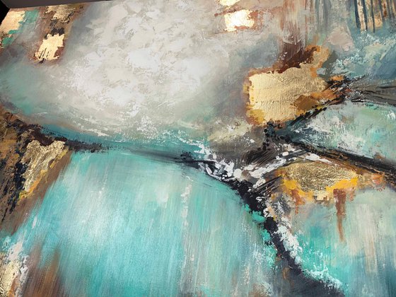 Awake my Soul - Teal Abstract Painting 32" Large Canvas, Gold Leaf, Minimalist Painting, Blue Green Aqua Abstract Painting