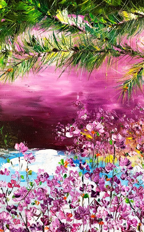 FLOWERS FOREST - Flowers. Labrador tea. Snow covered trees. Early spring. Sunset. Forest. Pines. by Marina Skromova
