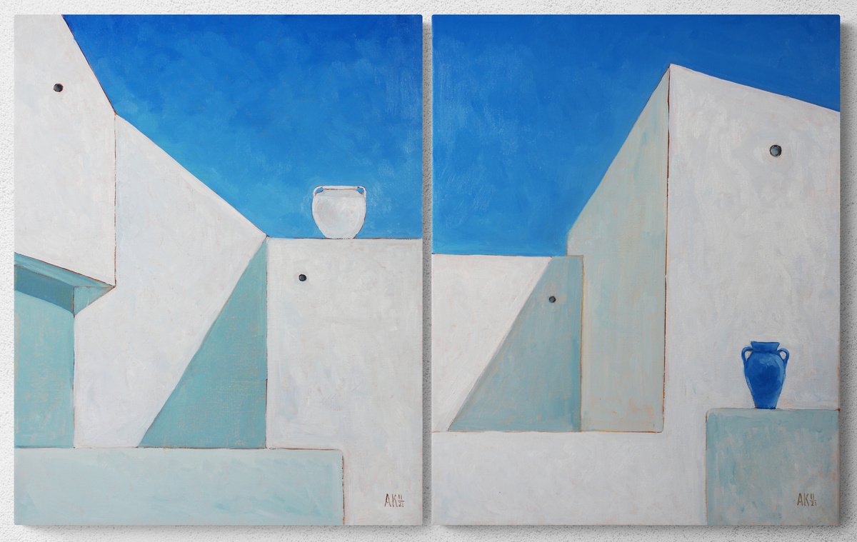 Greece geometry. White and blue - diptych by Alfia Koral