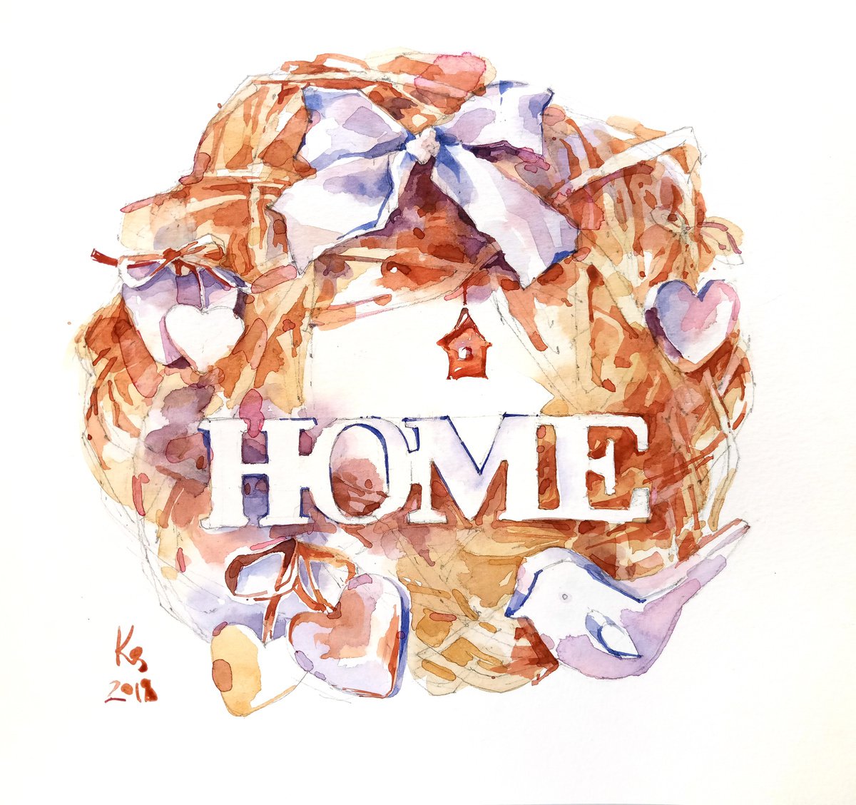 Decorative wreath of twigs Home original watercolor artwork by Ksenia Selianko
