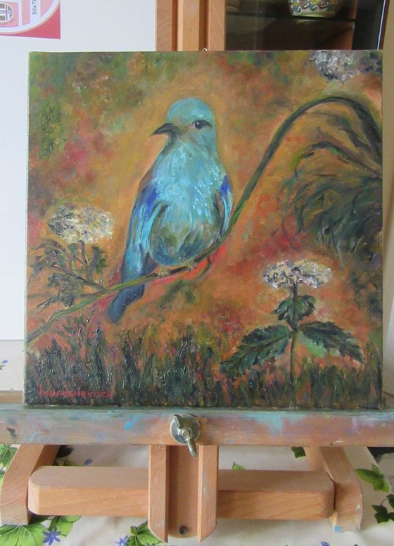 Birds' stories Blue Bird Kingfisher Red Sitting on a Tree in a Magic Garden waiting to Decor some Home not Abstract Wall