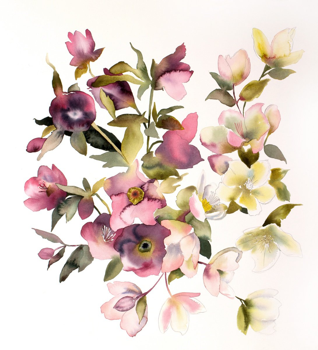 Expressive Botanical Watercolour By Elizabeth Becker, 22 X 24, Hellebores, Original Artwork