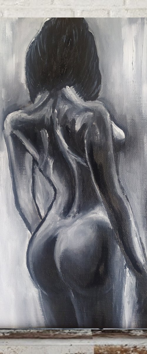 With him, original nude erotic black and white oil painting, Gift, art for bedroom by Nataliia Plakhotnyk