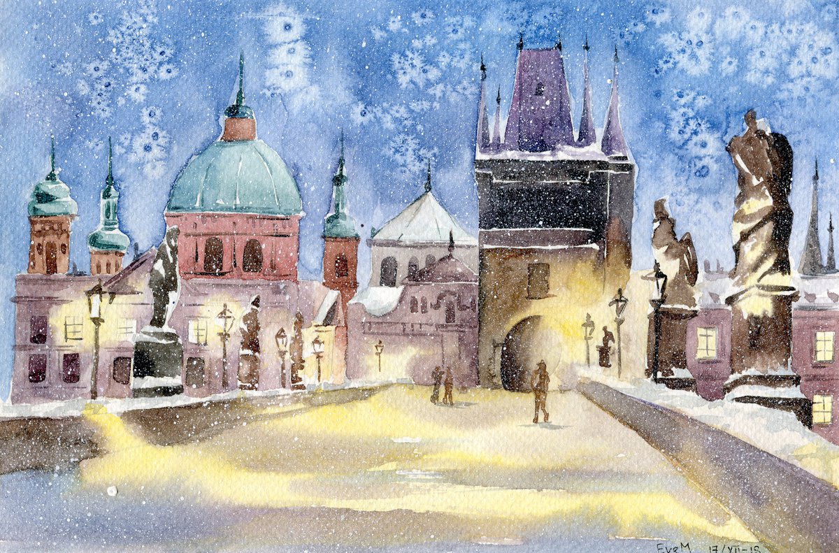 The Charles Bridge. Original watercolor artwork. by Evgeniya Mokeeva