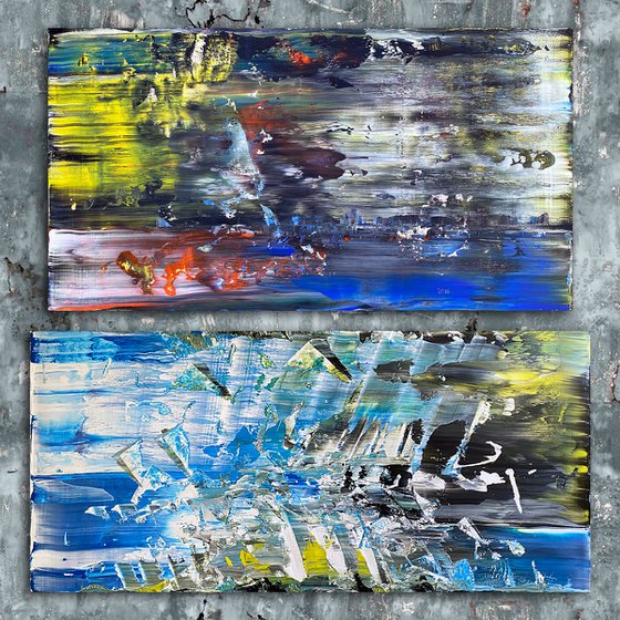 Soul Searching - Original PMS Abstract Acrylic Painting Diptych On Recycled Wood and Wooden Desk Panels - 55" x 54"