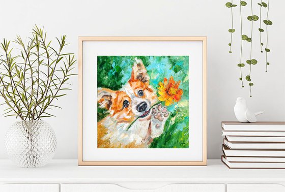 Happy summer, Corgi Painting Original Art Dog Artwork Pet Portrait Wall Art