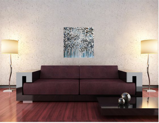 Winter Glow - Textured Abstract Silver, White, Blue Painting, Palette Knife Art