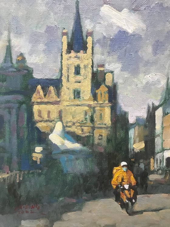 Original Oil Painting Wall Art Signed unframed Hand Made Jixiang Dong Canvas 25cm × 20cm Cityscape Wandering in The Town Centre Oxford Masked Rider Small Impressionism Impasto
