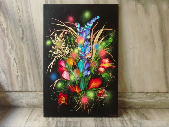 35.4" Night Flowers, Floral Painting