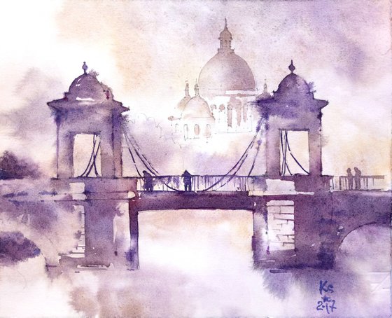 "Romantic city landscape with a bridge, St. Petersburg" architectural landscape - Original watercolor painting