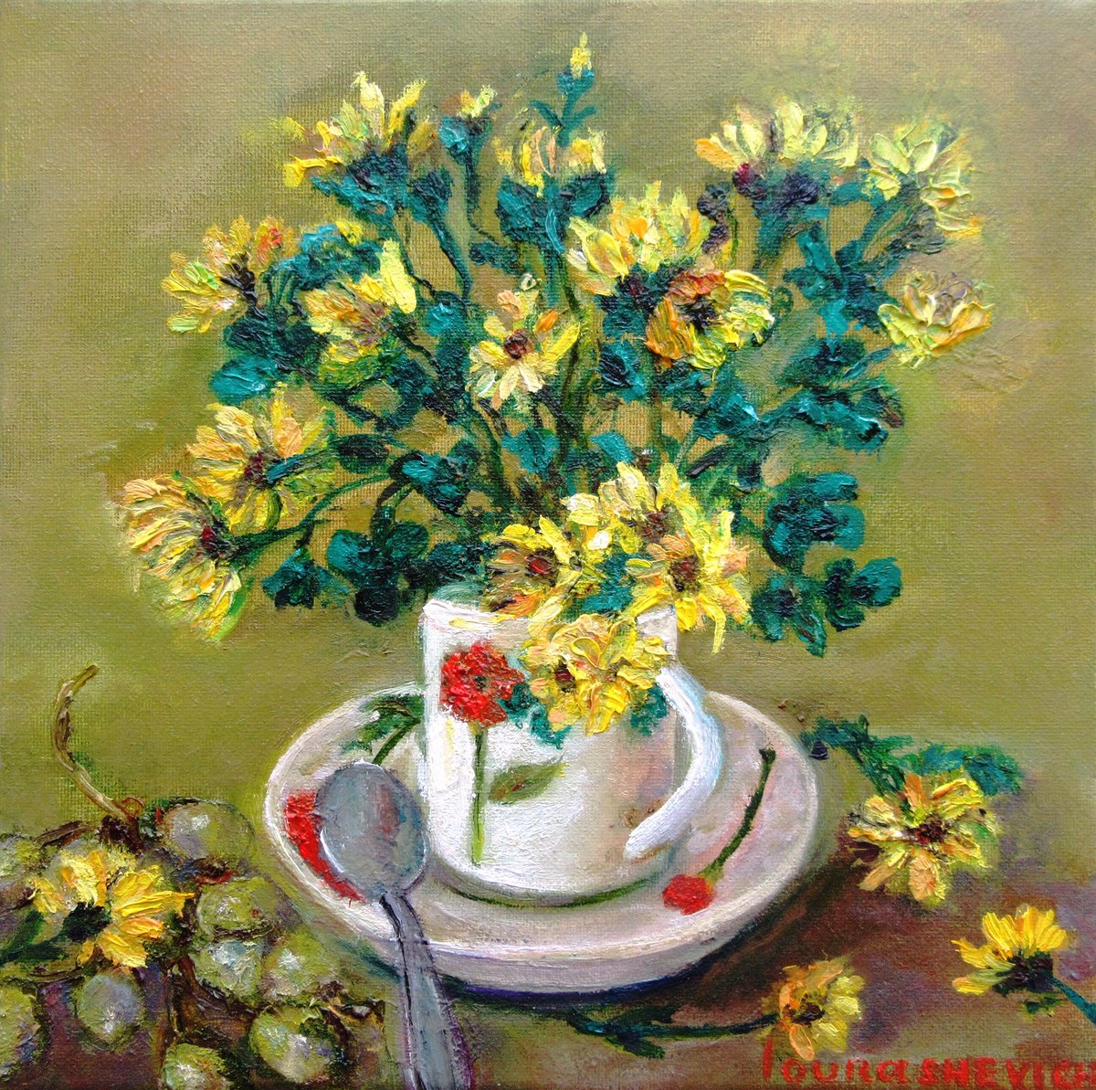 Impressionistic Botanical Oil Painting By Katia Ricci, 8 X 8", Crysanthemums, Original Artwork