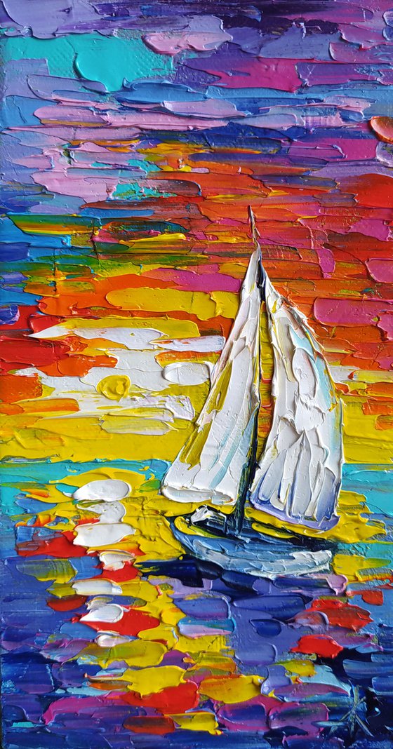 Alone in silence - yacht, sunset, oil painting, seascape,  landscape, yacht original painting, gift, sea with yachts, Impressionism, palette knife