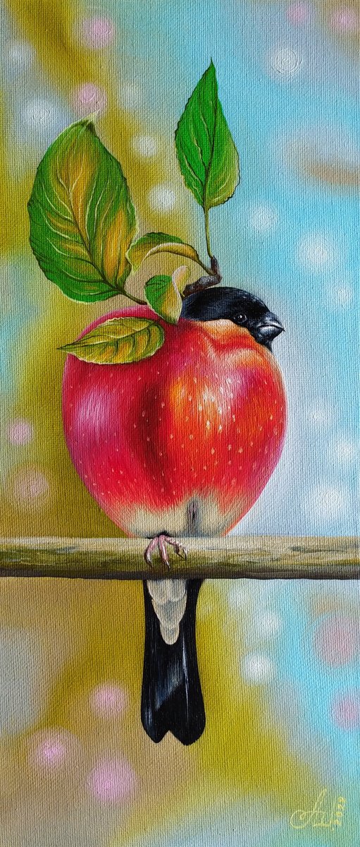Surrealistic Animal Oil Painting By Anna Shabalova, 6 X 14, Bullfinch, Original Artwork