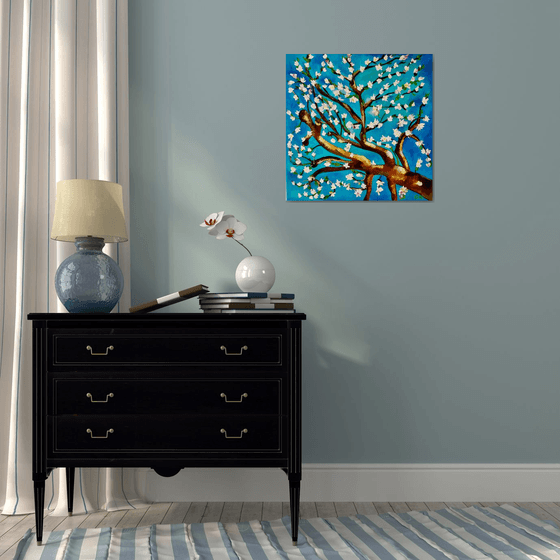 Almond blossom on turquoise inspired by Vincent Van Gogh oil painting ready to hang