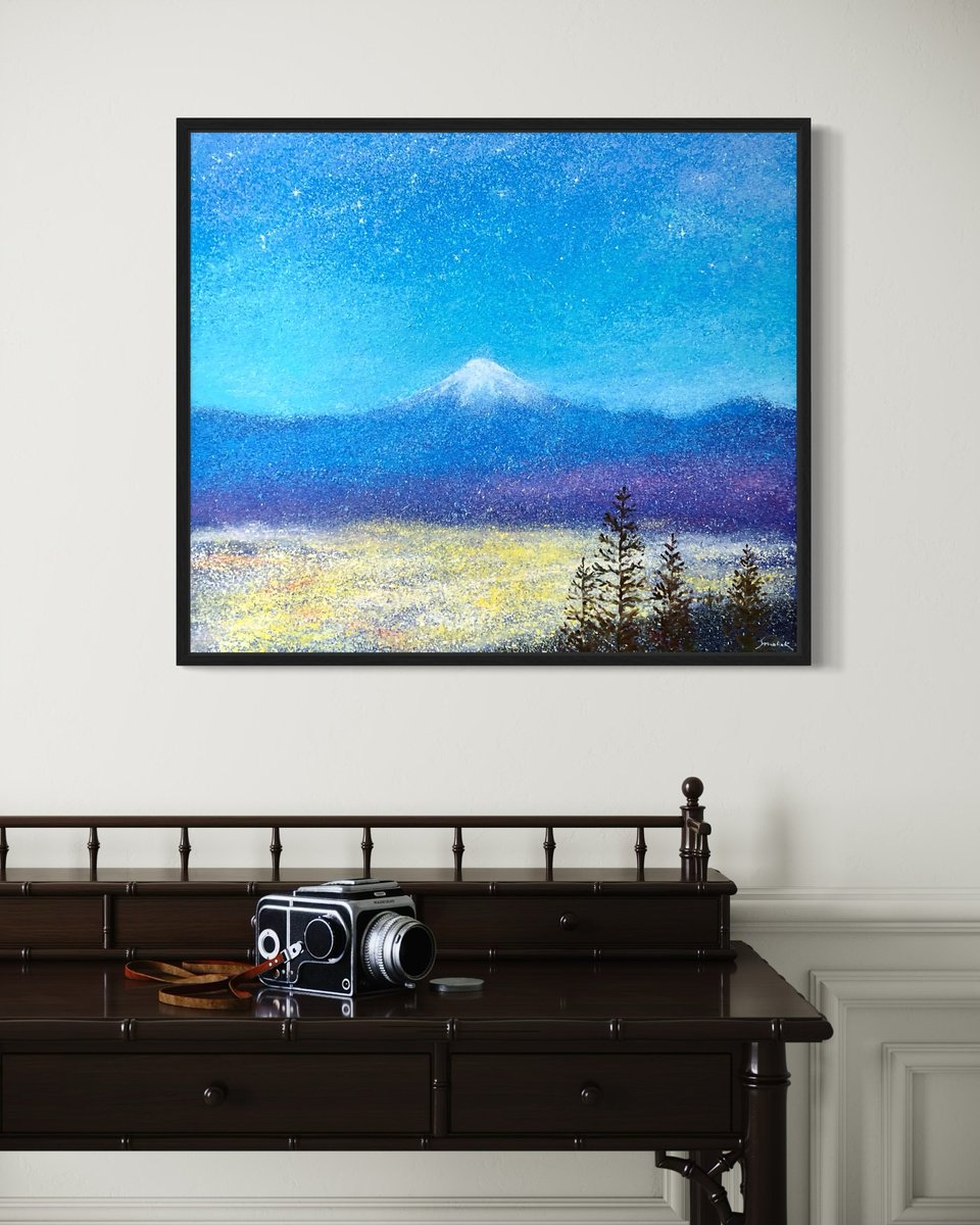 Impressionistic Landscape Oil Painting By Volodymyr Smoliak, 28 X 24", Mount Fuji, Night, Original Artwork