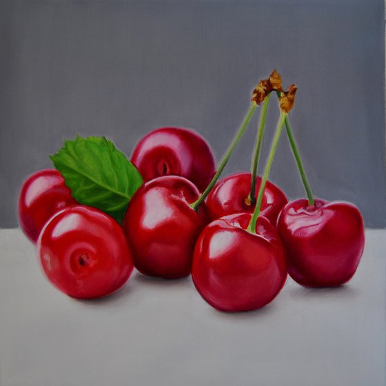 Cherries painting, Original oil on canvas realistic art