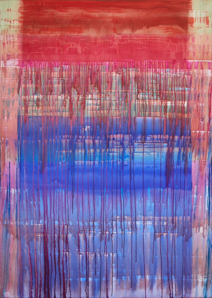 Geometric Abstract Acrylic Painting By Simon Findlay, 59 X 83", Perpetual Motion / Red Over, Original Artwork