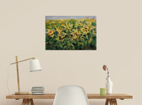 Sunflowers ... Summer ... Sun ... Wind ... / PAINTING CREATED WITH A PALETTE KNIFE / ORIGINAL PAINTING