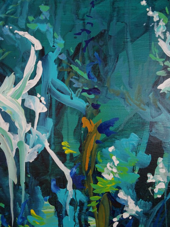 Abstract Flowers. Floral Garden. Abstract Tropical Forest Original Blue Painting on Canvas 46x61cm Modern Art